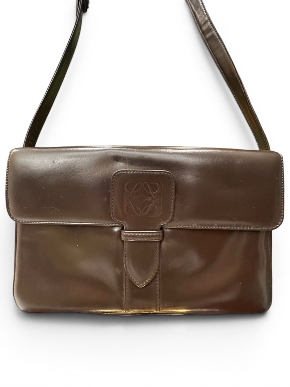 Vintage Loewe Anagram Leather Shoulder Bag Brown Spain Pre-LVMH Structured Flap